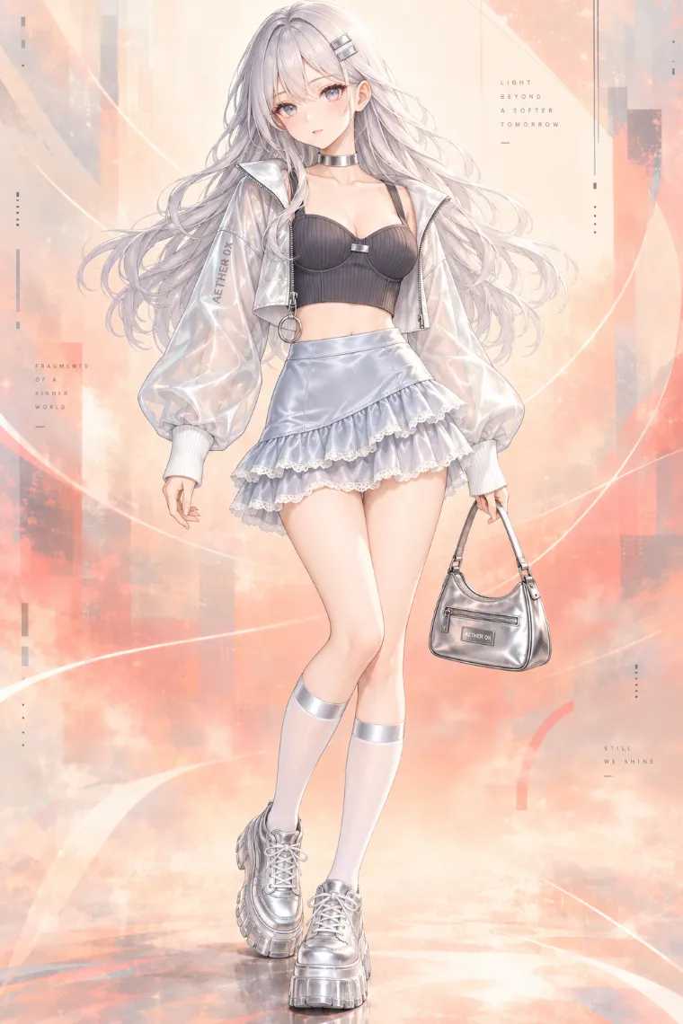 AIイラスト版｜シルバーのショート丈ジャケットとシルバーブルーの二段ペプラム風ミニコーデ