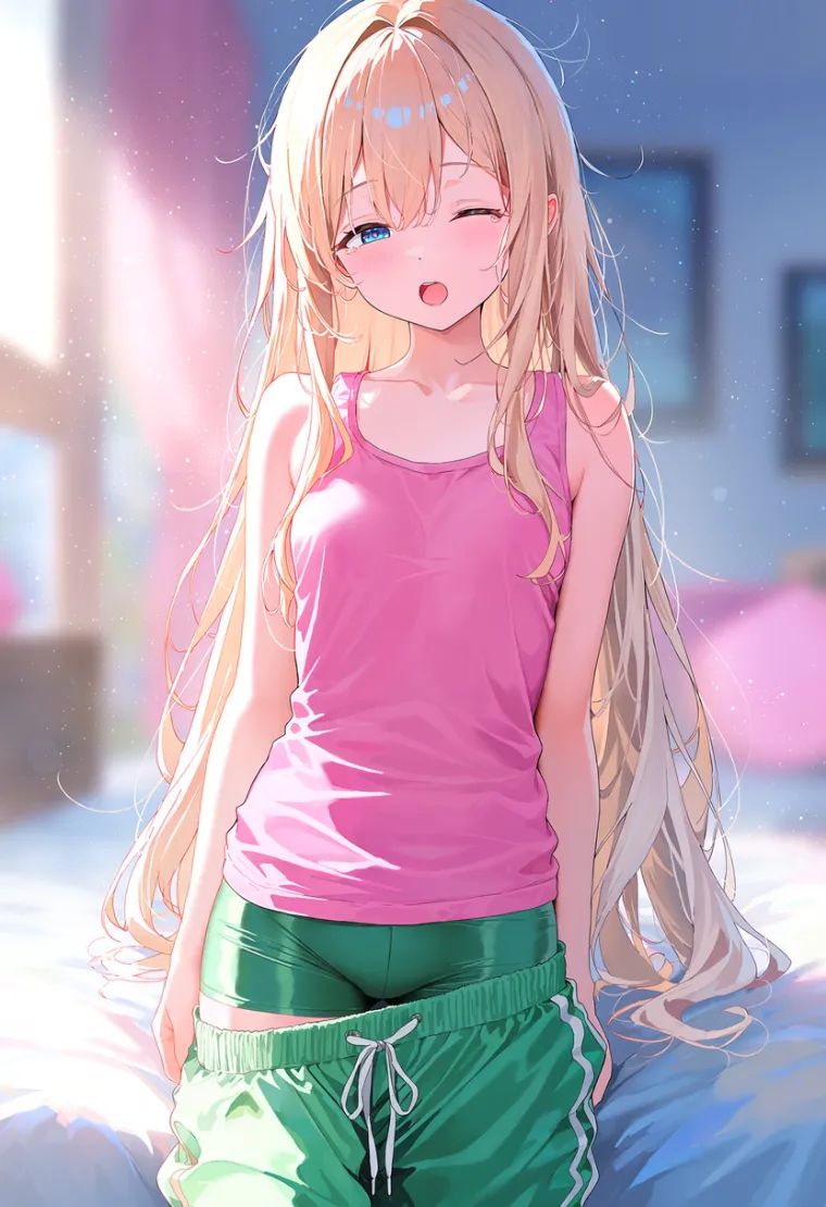 ズボンを太腿まで下ろした脱ぎかけ姿の女性を描いたAIイラスト
