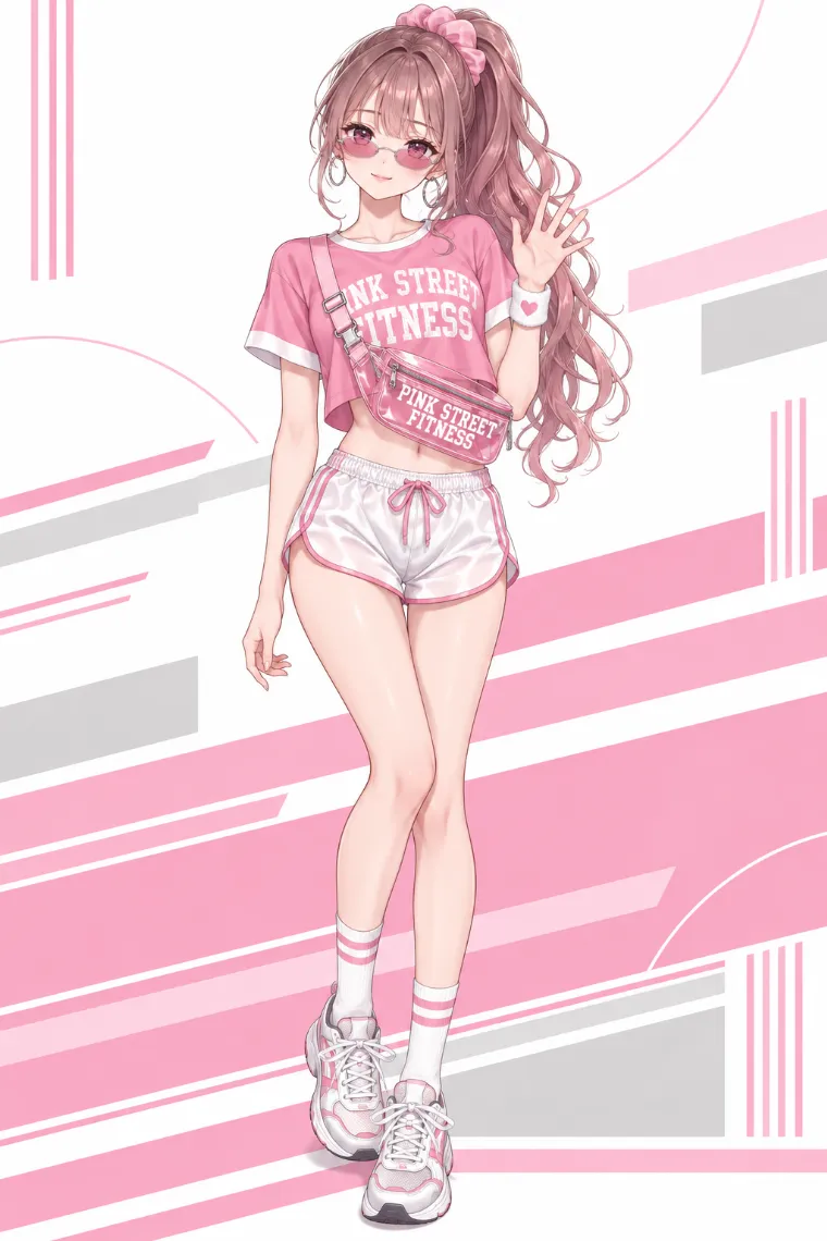 AIイラスト版｜ピンクのリンガーTシャツと白サテンのランニングショーツを合わせたフィットネスコーデ