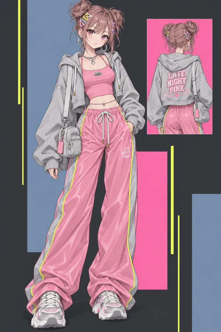 AIイラスト版｜ライトグレーのクロップドパーカーと光沢ピンクのワイドトラックパンツのコーデ
