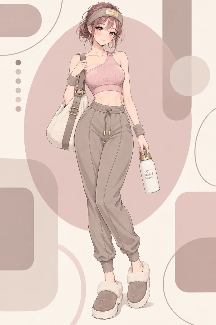AIイラスト版｜ピンク・ピラティス・プリンセス風のブラッシュピンクトップとトープのジョガーパンツコーデ