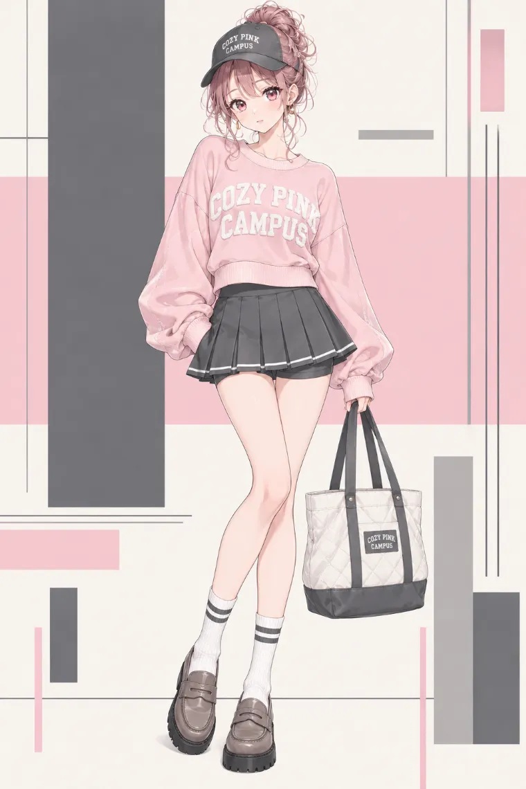 AIイラスト版｜淡ピンクのスウェットとチャコールのプリーツミニを合わせたキャンパス風コーデ