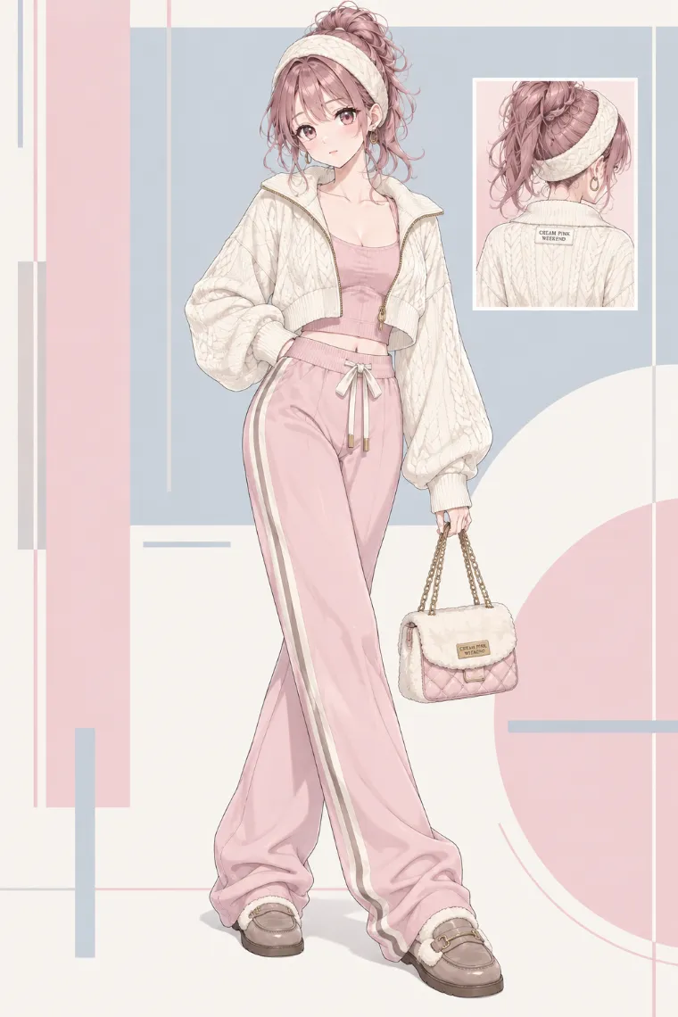 AIイラスト版｜クリームのケーブルニットとピンクのワイドパンツを合わせたコージーラウンジコーデ