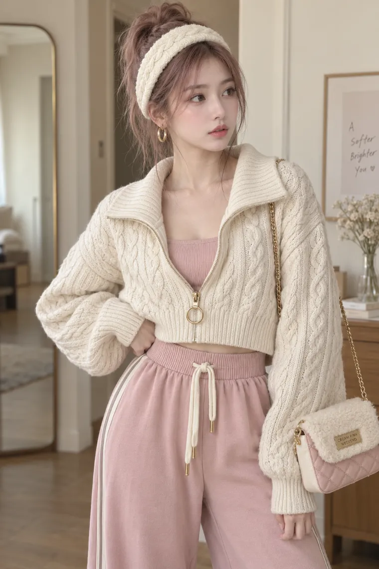 実写AI版｜クリームのケーブルニットとピンクのワイドパンツを合わせたコージーラウンジコーデ