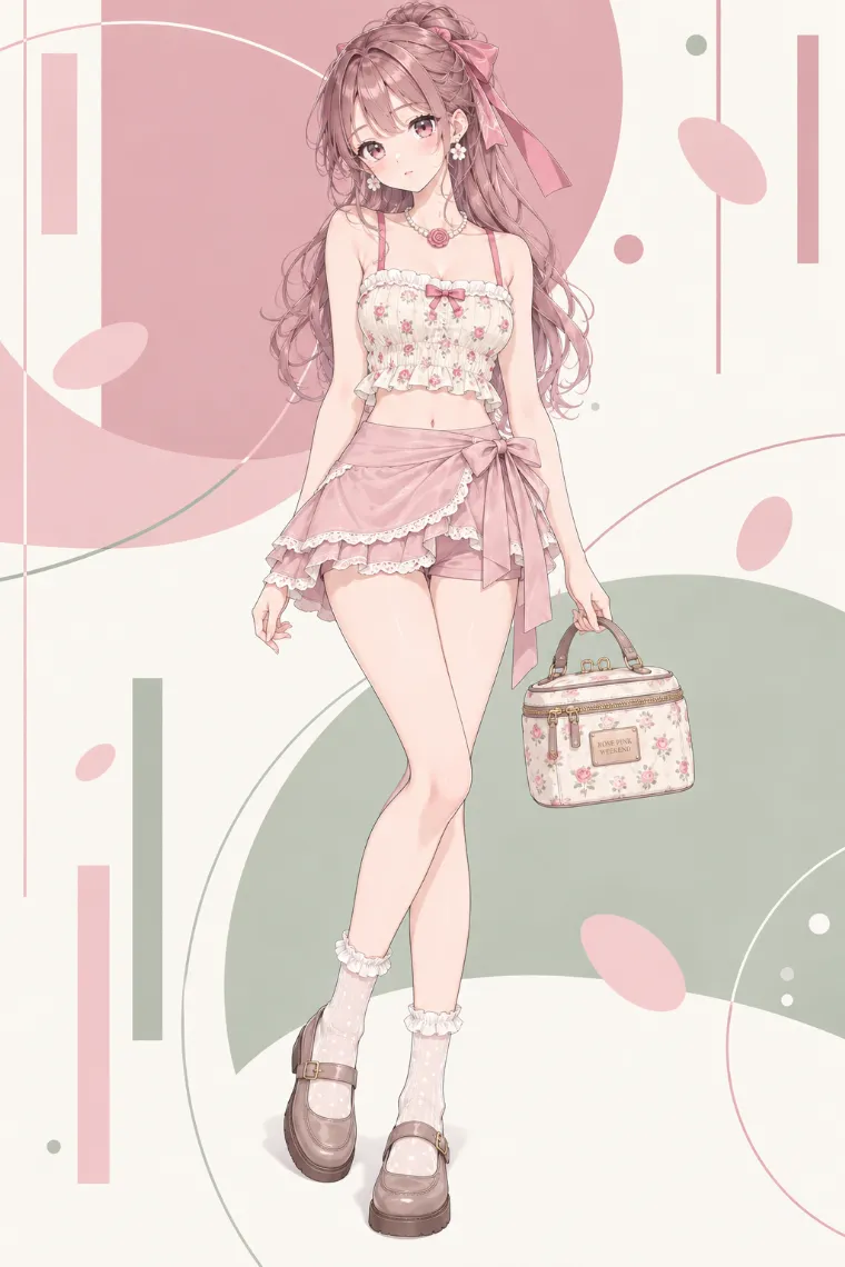 AIイラスト版｜小花柄クリームキャミとブラッシュピンクのラップスコートを合わせたロマンティックコーデ