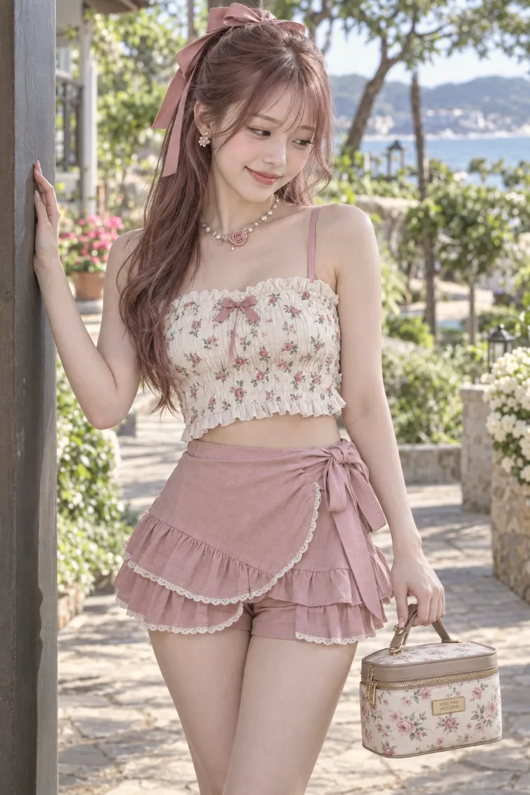 実写AI版｜小花柄クリームキャミとブラッシュピンクのラップスコートを合わせたロマンティックコーデ