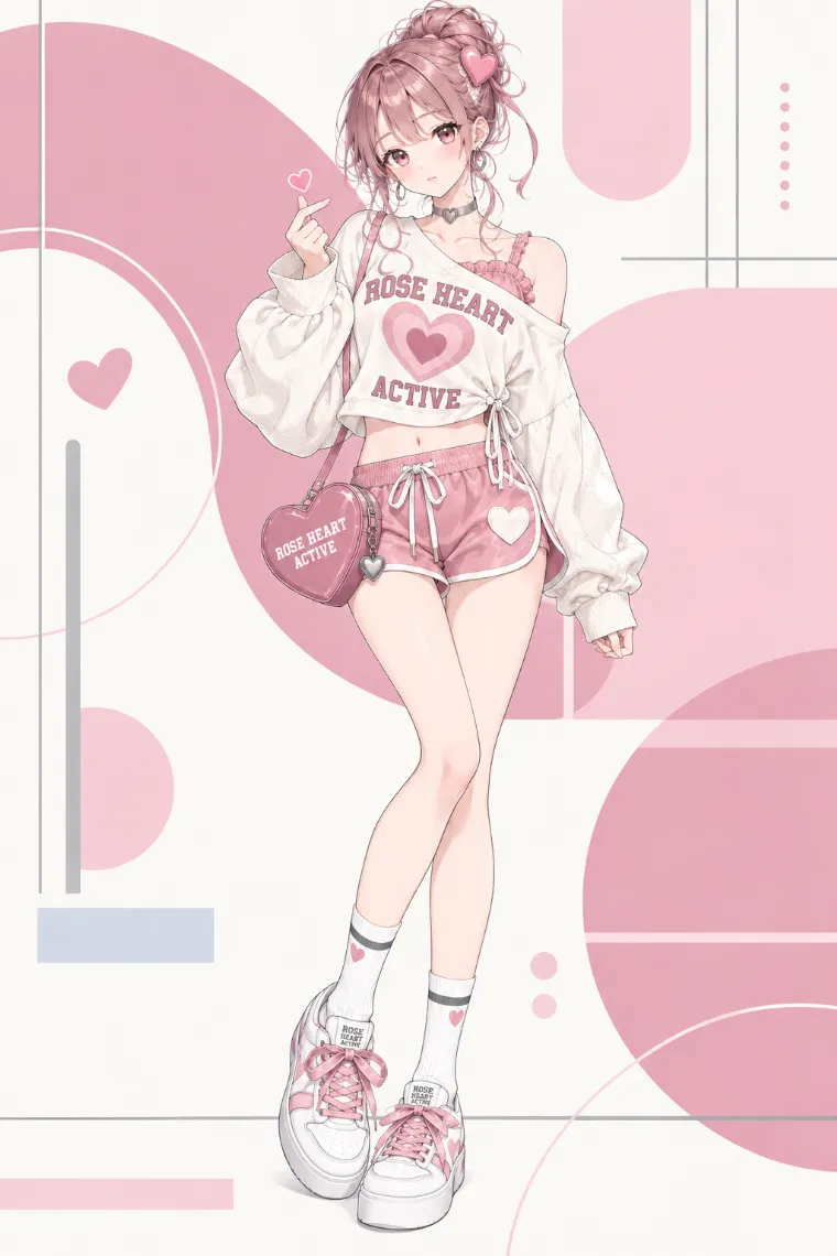 AIイラスト版｜クリームのオフショル風スウェットとローズピンクのショーツを合わせたハートスポーツコーデ