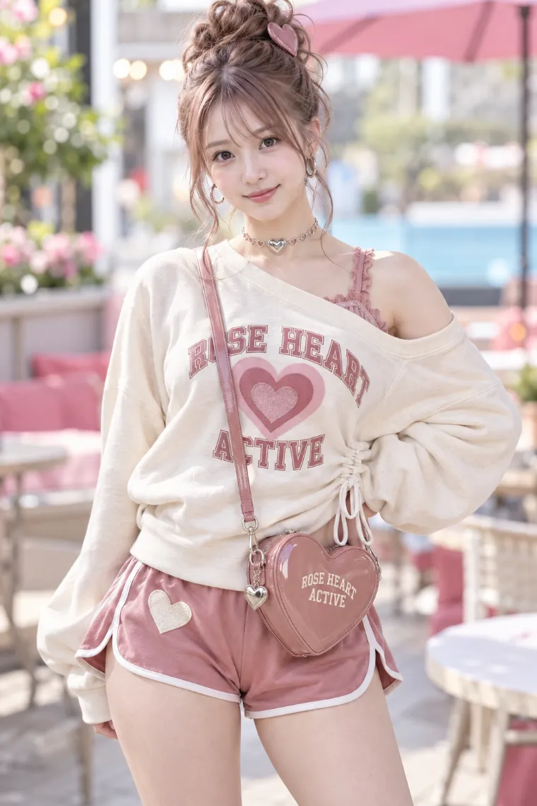 実写AI版｜クリームのオフショル風スウェットとローズピンクのショーツを合わせたハートスポーツコーデ