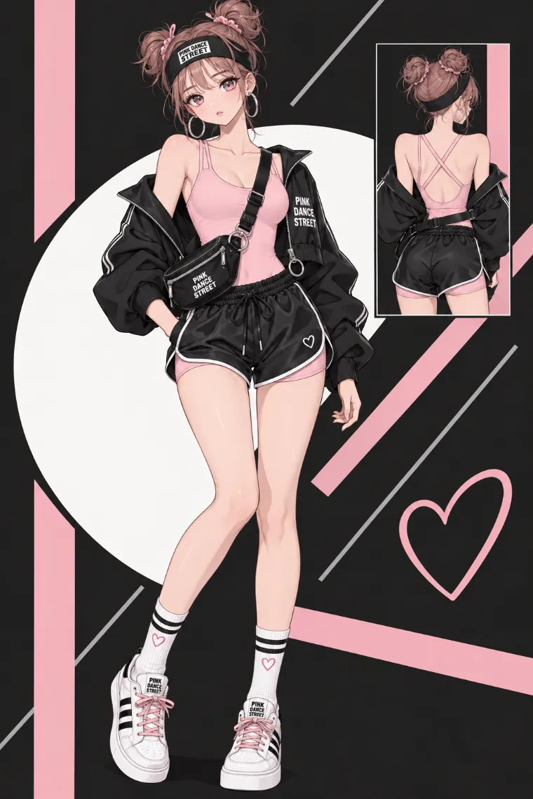 AIイラスト版｜ブラッシュピンクのボディスーツと黒ジャケット、黒ランニングショーツのダンスストリートコーデ