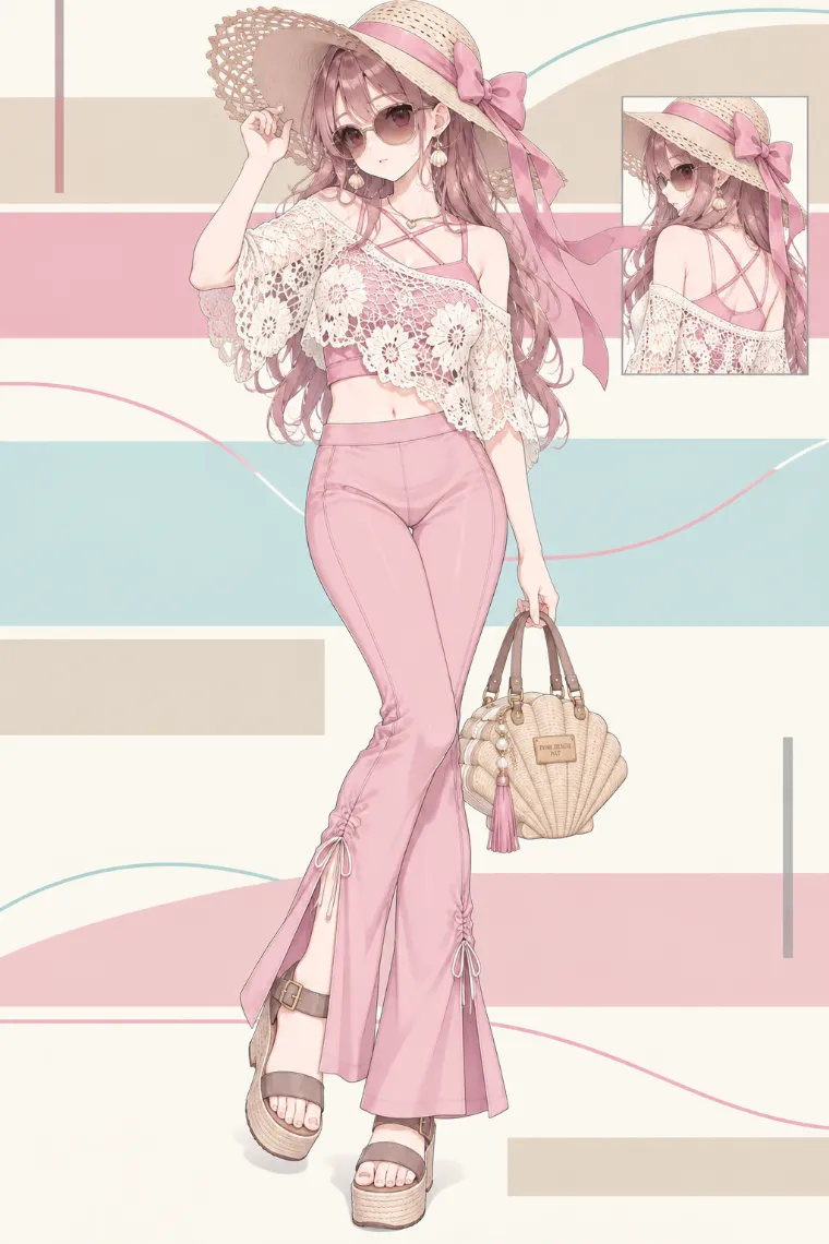 AIイラスト版｜ダスティピンクのキャミとクリームのクロシェポンチョ、フレアパンツのリゾートコーデ