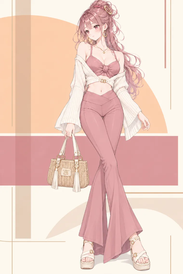 AIイラスト版｜ダスティローズのノットトップとフレアパンツ、クリームカーディガンのサンセットコーデ