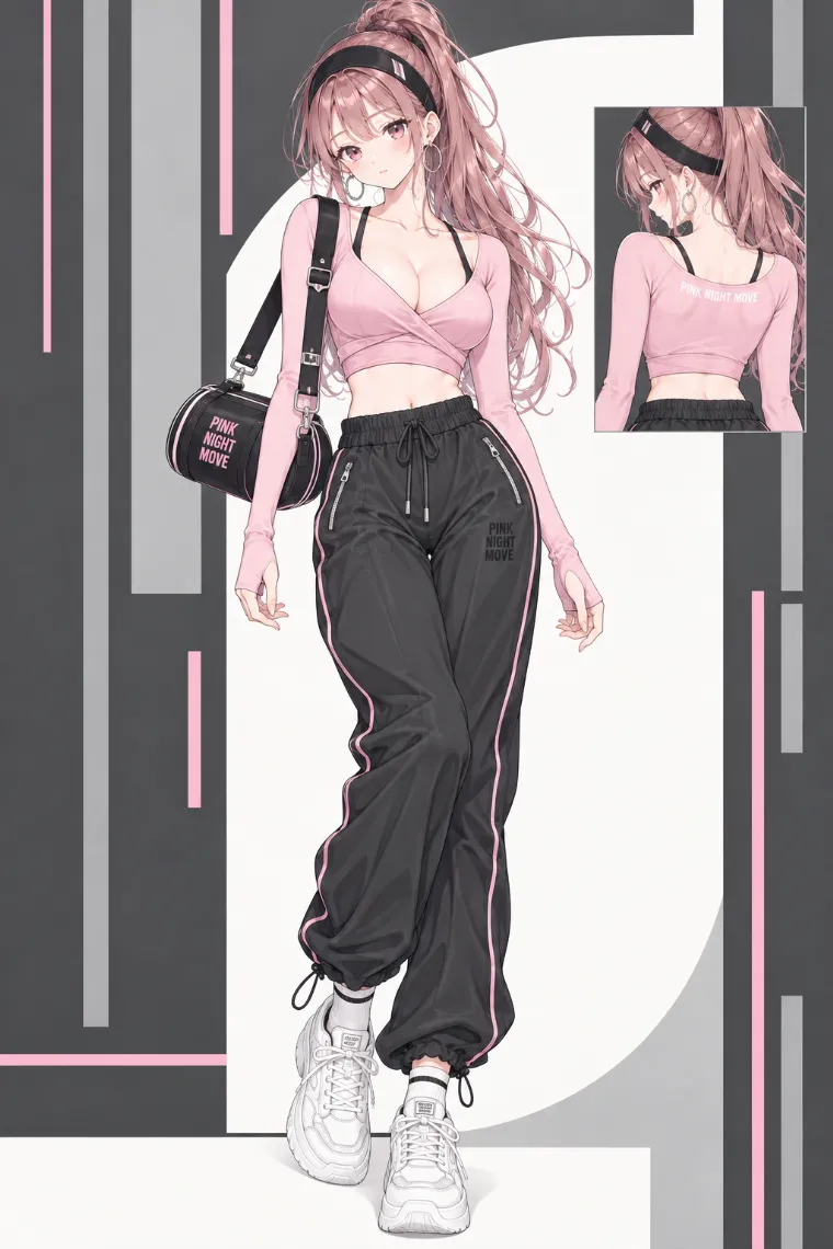 AIイラスト版｜淡ピンクの長袖ラップトップと黒ジョガーパンツのアクティブストリートコーデ