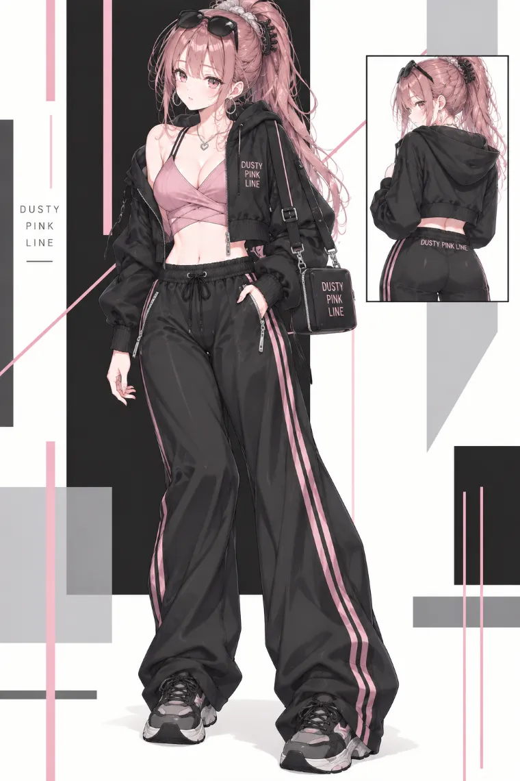 AIイラスト版｜黒のクロップドウインドブレーカーと黒ワイドトラックパンツにダスティピンクを効かせたコーデ