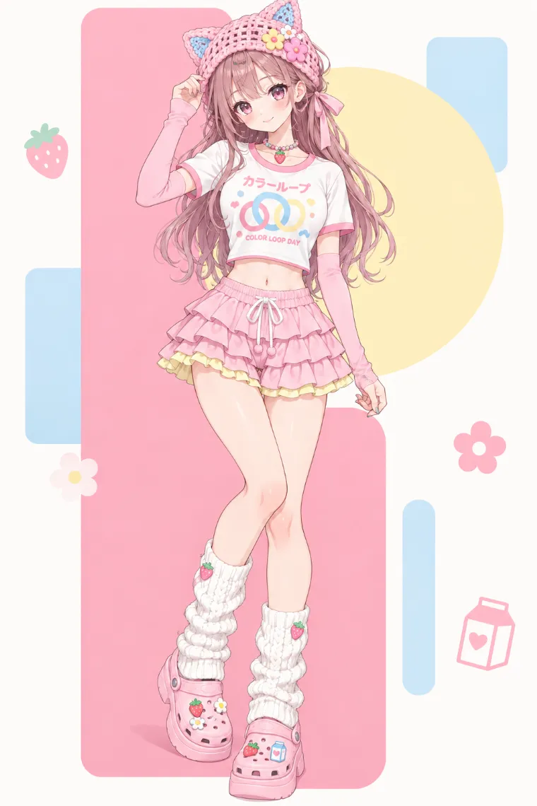 AIイラスト版｜リンガーTシャツとピンクの3段ラッフルスコートを合わせたコーデ