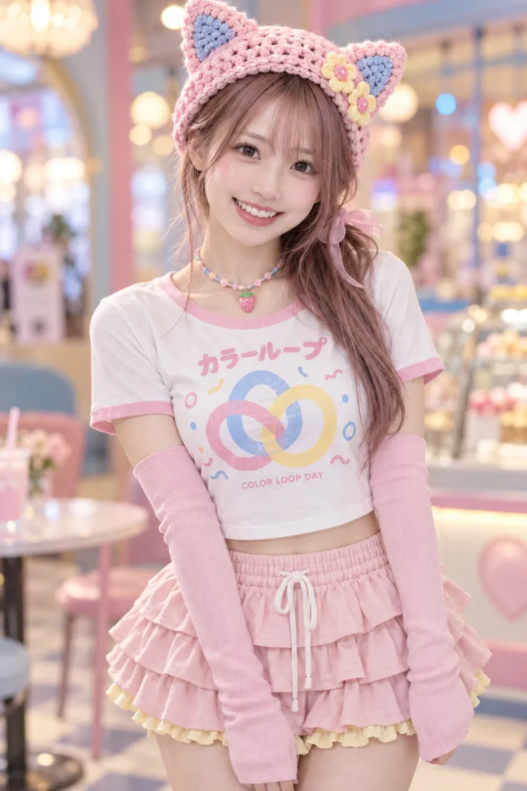 実写AI版｜リンガーTシャツとピンクの3段ラッフルスコートを合わせたコーデ