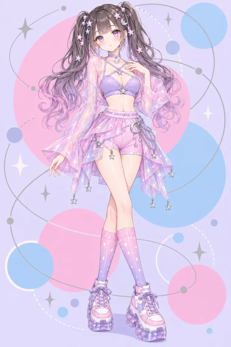 AIイラスト版｜ラベンダーのブラレットと虹色ピンクのシアーボレロ、アシンメトリースカートのスターコーデ