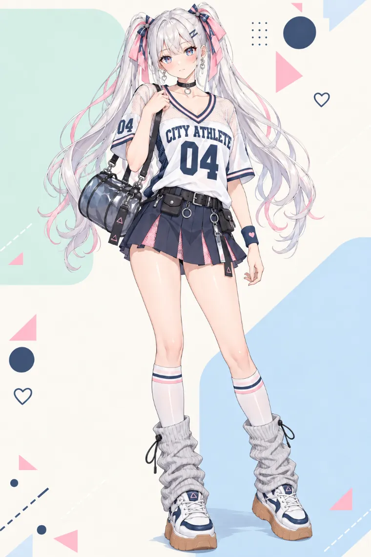 AIイラスト版｜白のバスケジャージとネイビーのプリーツミニに白ニーハイ、グレーのレッグウォーマー、厚底スニーカーを合わせたブロケットコア