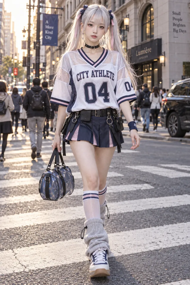実写AI版｜白のバスケジャージとネイビーのプリーツミニに白ニーハイ、グレーのレッグウォーマー、厚底スニーカーを合わせたブロケットコア