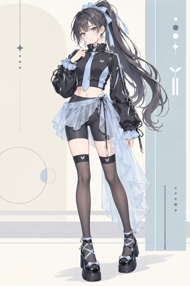 AIイラスト版｜黒のクロップドトラックジャケットとバイカーショーツ、水色アシメチュールに黒ニーハイと厚底メリージェーンを合わせたブロケットコア