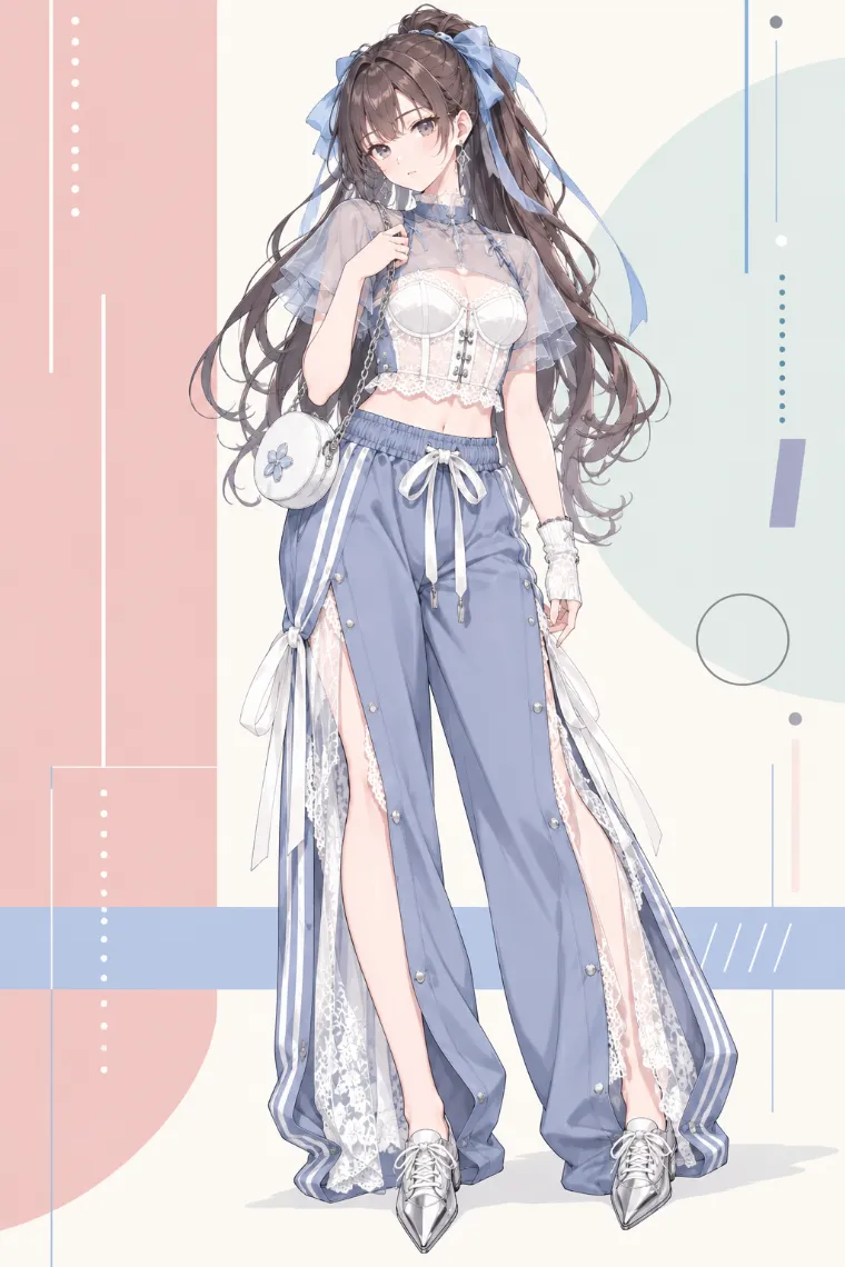 AIイラスト版｜ブルーグレーのメッシュトップと白レースコルセット、ワイドトラックパンツにシルバーのポインテッドシューズを合わせたブロケットコア