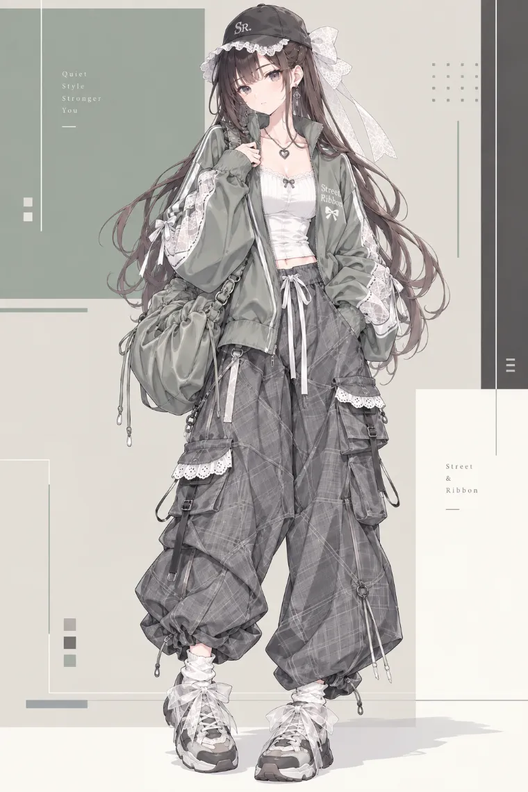 AIイラスト版｜セージグレーのトラックジャケットと白キャミ、バルーンカーゴパンツに白ソックスと厚底トレイルスニーカーを合わせたブロケットコア