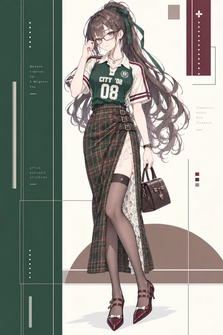 AIイラスト版｜深緑のスポーツポロとタータンロングスカートにシアーニーハイとバーガンディのストラップパンプスを合わせたブロケットコア