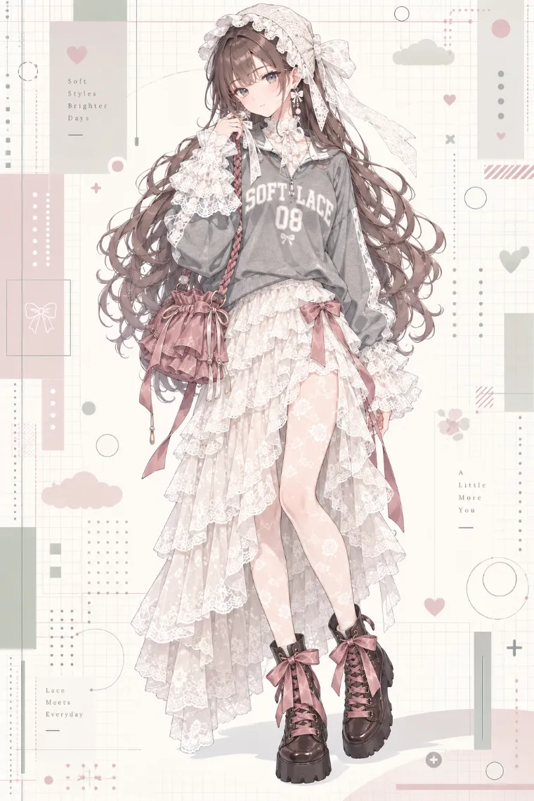 AIイラスト版｜グレーのハーフジップとレースブラウス、アイボリーのティアードレースロングスカートに花柄タイツと編み上げブーツを合わせたブロケットコア