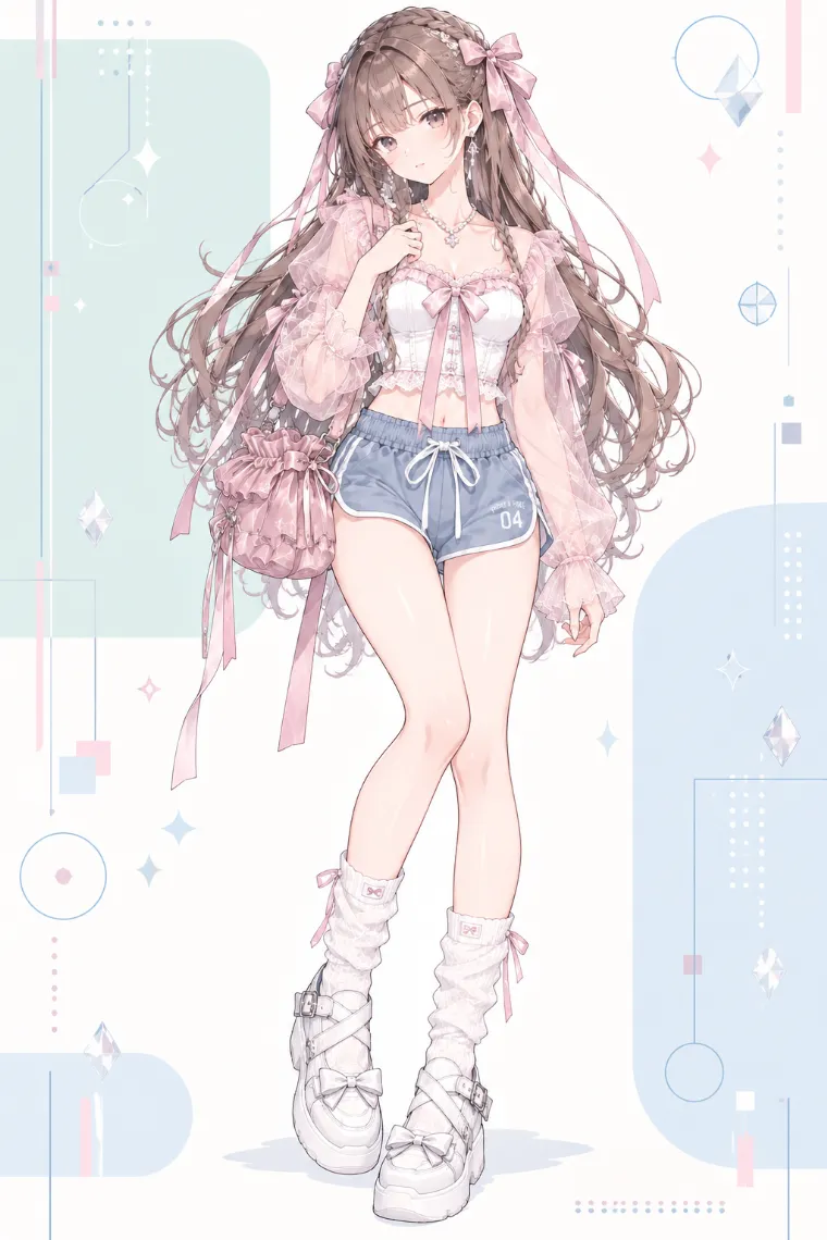 AIイラスト版｜白コルセットビスチェとピンクボレロ、ブルーグレーのアスレチックショーツに白の厚底メリージェーンを合わせたブロケットコア
