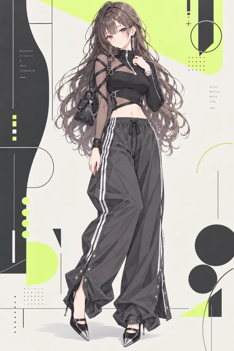 AIイラスト版｜黒のシアー切替クロップトップとチャコールのワイドトラックパンツにメタルトゥパンプスを合わせたモード系ブロケットコア