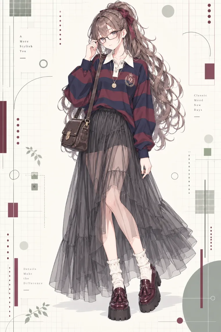 AIイラスト版｜ネイビー×バーガンディのラガーシャツとシアーチュールロングスカートにクリームソックスと厚底タッセルローファーを合わせたブロケットコア