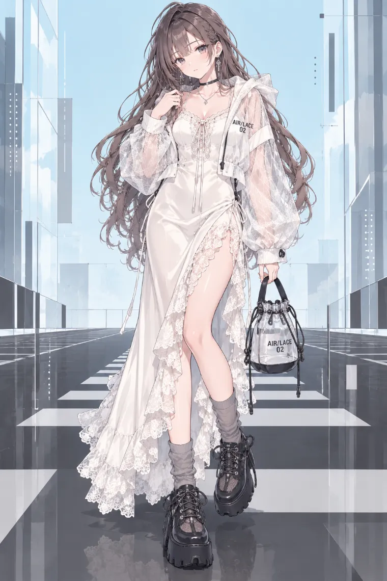 AIイラスト版｜透明フーデッドウインドブレーカーとアイボリーのレーススリップロングドレスにグレーソックスと黒厚底レースアップシューズを合わせたブロケットコア