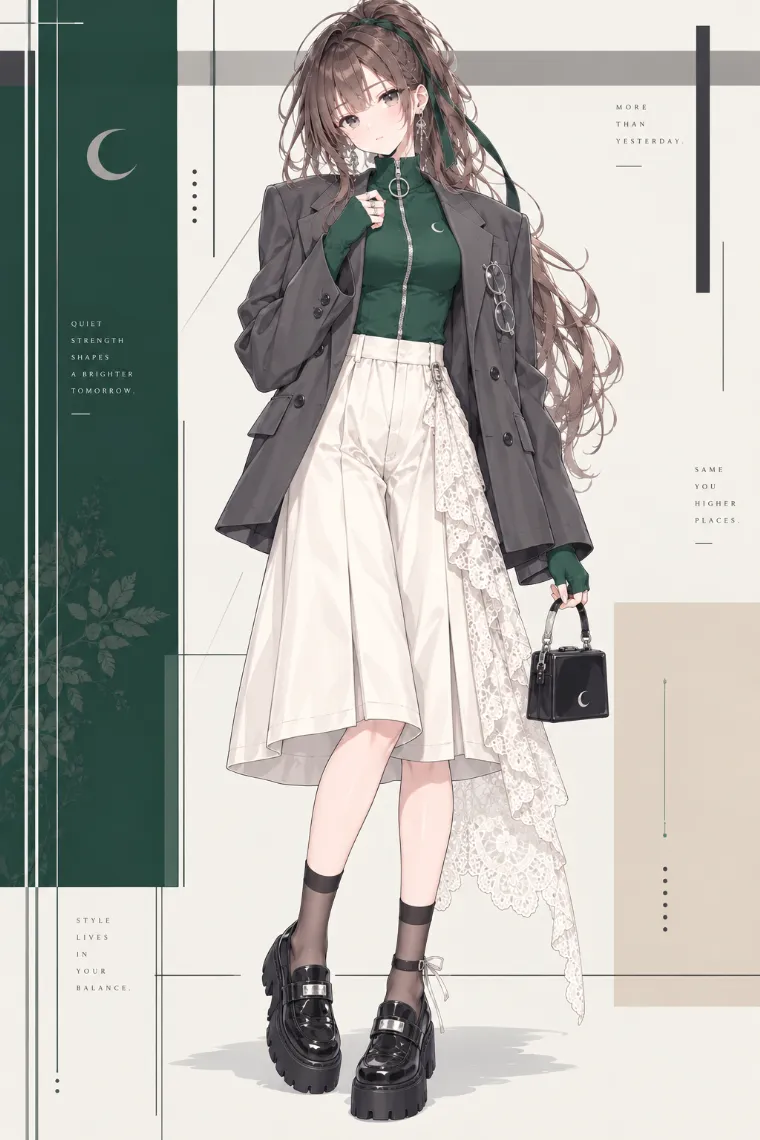 AIイラスト版｜チャコールブレザーとグリーンZIPトップ、アイボリーのキュロットに黒ソックスと厚底ローファーを合わせたブロケットコア
