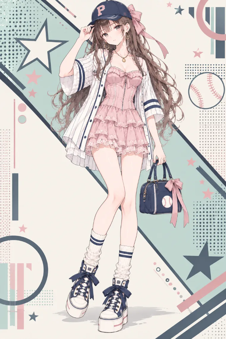 AIイラスト版｜白のベースボールジャージとピンクのコルセットミニドレスにラインソックスとハイカット厚底スニーカーを合わせたブロケットコア