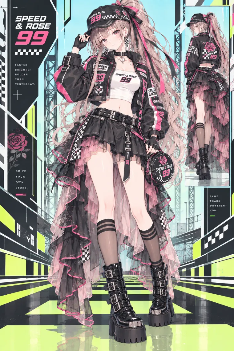 AIイラスト版｜黒レーシングジャケットと白タンク、黒スカート＆ピンクチュールトレーンにグレーのニーハイと厚底コンバットブーツを合わせた発展系ブロケットコア