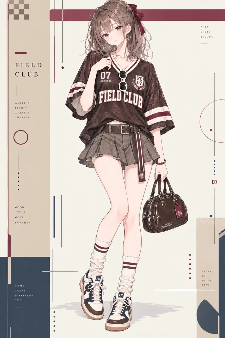 AIイラスト版｜ブラウンのメッシュスポーツジャージとグレーブラウンのプリーツミニにラインソックスとローカットスニーカーを合わせたブロケットコア