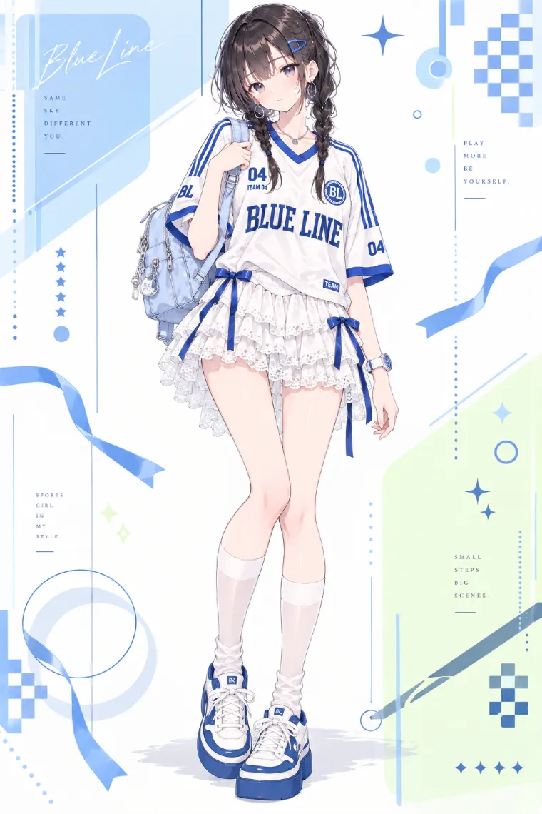 AIイラスト版｜白×ロイヤルブルーのスポーツジャージと白レースティアードミニに白ニーハイ、厚底スニーカーを合わせたブロケットコア