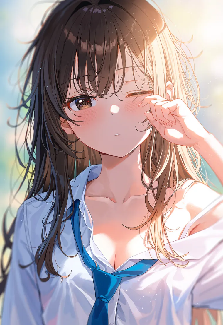 眠そうに目をこする女性のAIイラスト