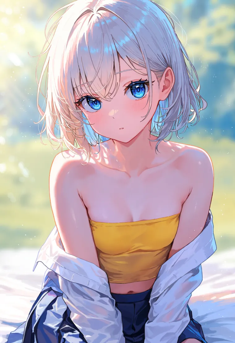 シャツを途中まで脱ぎかけた女性を描いたAIイラスト