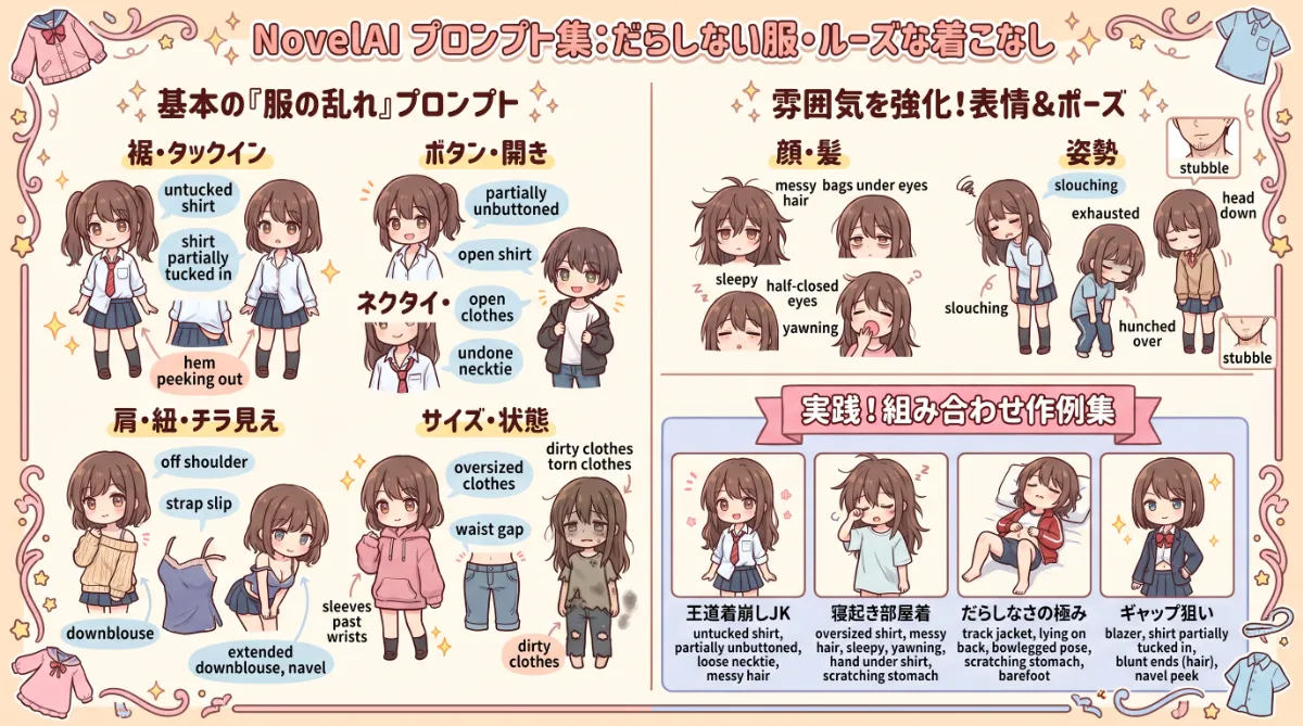 だらしない服のプロンプト集（ルーズな着こなし）【NovelAI】のまとめ用の図解イラスト（グラレコ）