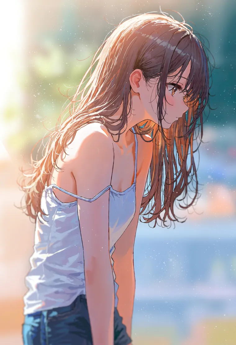 猫背気味に立つ女性のAIイラスト