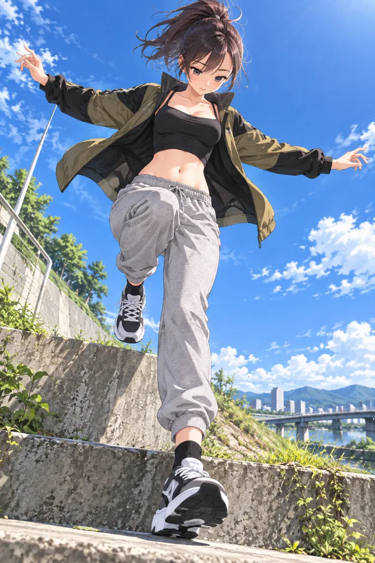 AIイラスト版｜段差を下りながら両腕を広げるポーズ｜階段・段差を使った女の子のポーズ