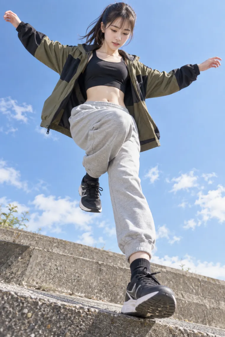 実写AI版｜段差を下りながら両腕を広げるポーズ｜階段・段差を使った女の子のポーズ