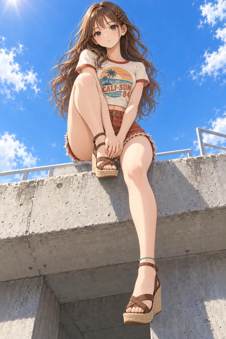 AIイラスト版｜高い縁に座って片膝を抱えるポーズ｜階段・段差を使った女の子のポーズ
