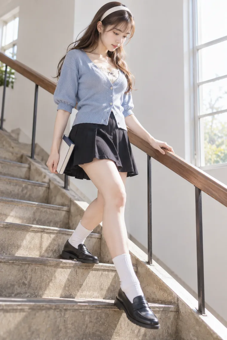 実写AI版｜本を持って階段を下りるポーズ｜階段・段差を使った女の子のポーズ