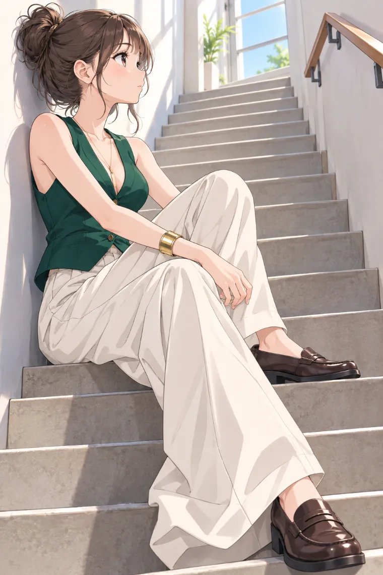 AIイラスト版｜階段で壁にもたれて片膝を立てるポーズ｜階段・段差を使った女の子のポーズ