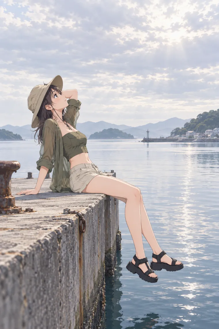 AIイラスト版｜波止場の縁に座って大きく後ろへもたれるポーズ｜階段・段差を使った女の子のポーズ