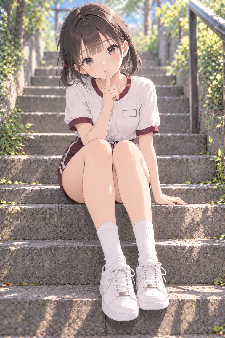 AIイラスト版｜階段に座って「しーっ」とするポーズ｜階段・段差を使った女の子のポーズ