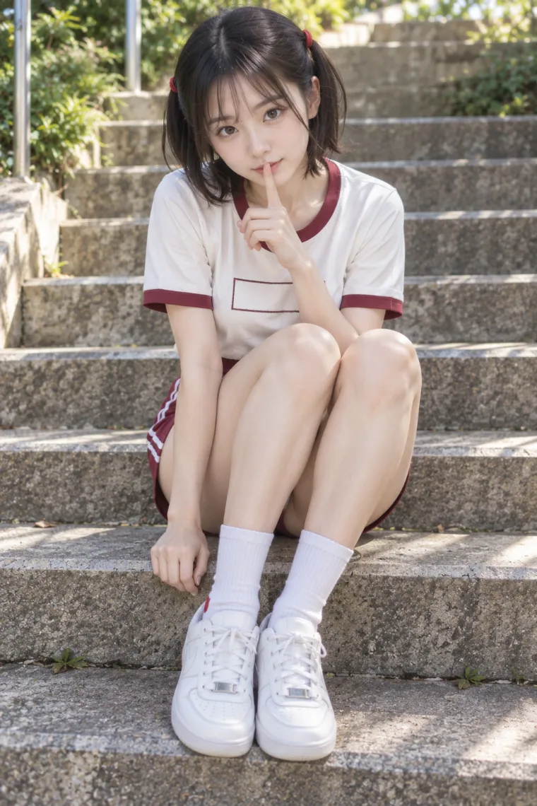 実写AI版｜階段に座って「しーっ」とするポーズ｜階段・段差を使った女の子のポーズ