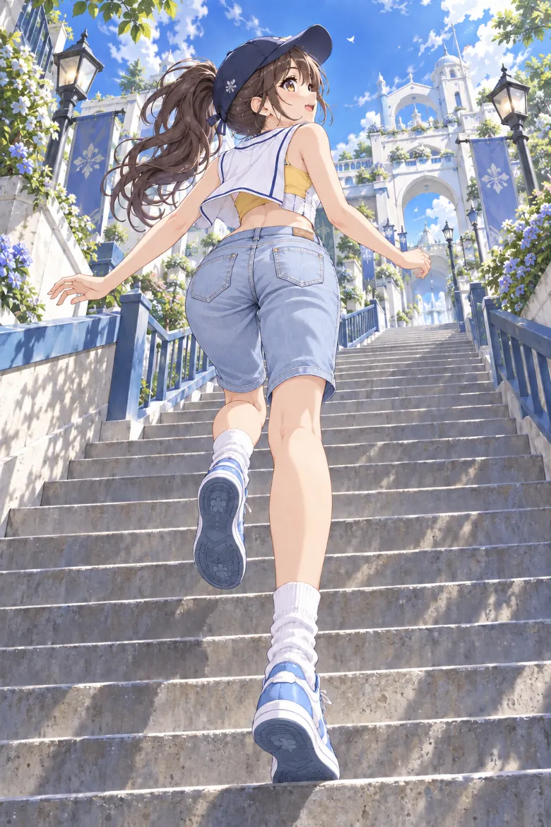 AIイラスト版｜階段を後ろ姿で駆け上がるポーズ｜階段・段差を使った女の子のポーズ
