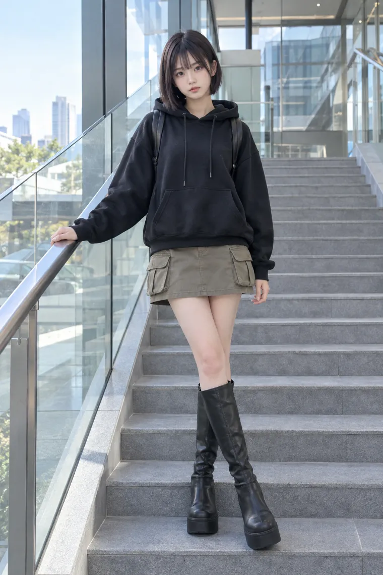 実写AI版｜手すりに片手を添えて脚をクロスするポーズ｜階段・段差を使った女の子のポーズ